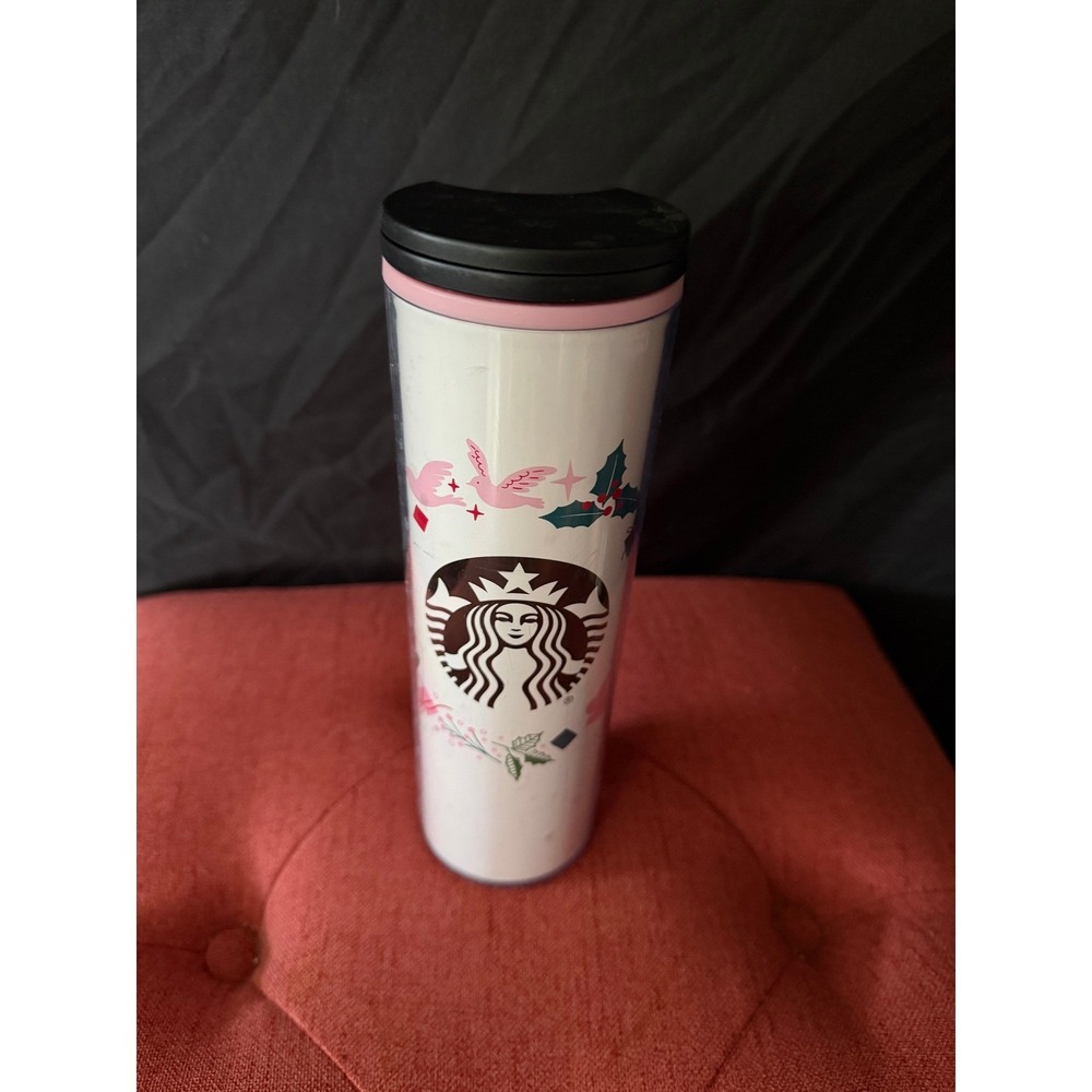 Starbucks Holiday Pink Birds Holly Travel Tumbler Cup 16oz White Pink Black Lid